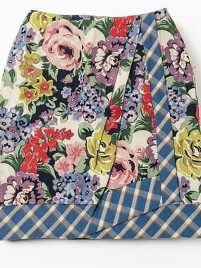 Anne Klein Floral Midi Skirt in Multicolor with Blue Plaid Trim